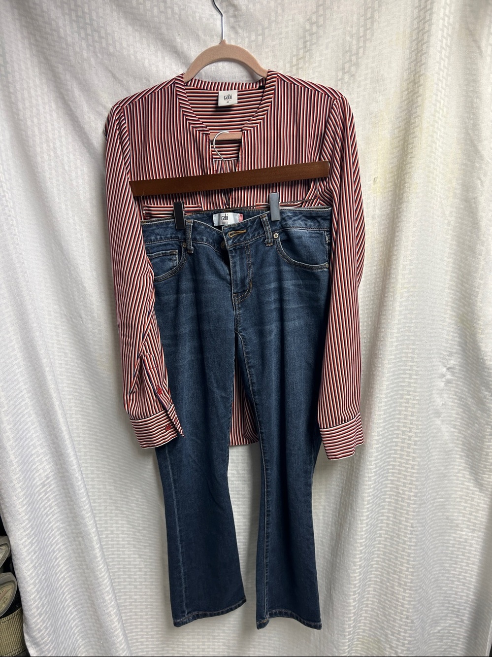 Cabi  Red and White Striped Notch V-Neck Blouse/jeans duo.